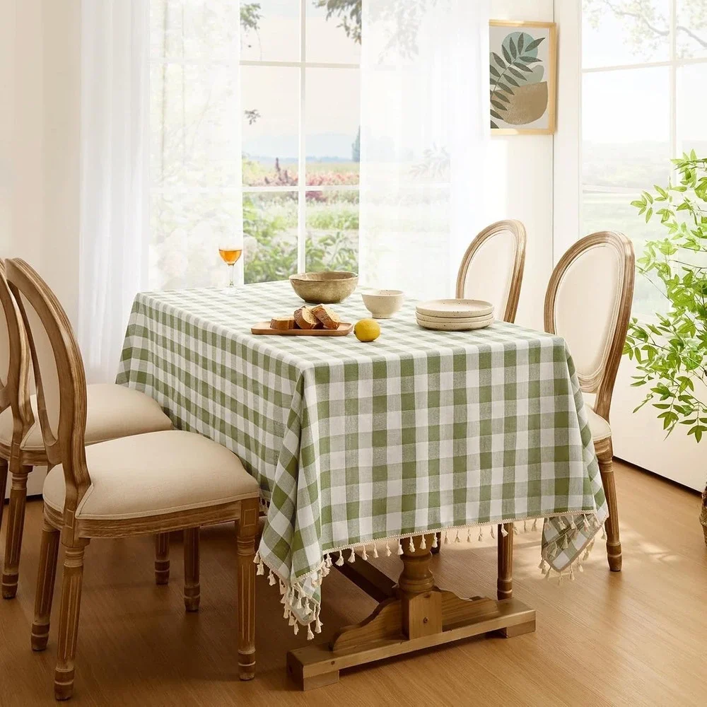 Gingham Tablecloth 55x84 Sage Green Tassel Trim Cottagecore Farmhouse New
